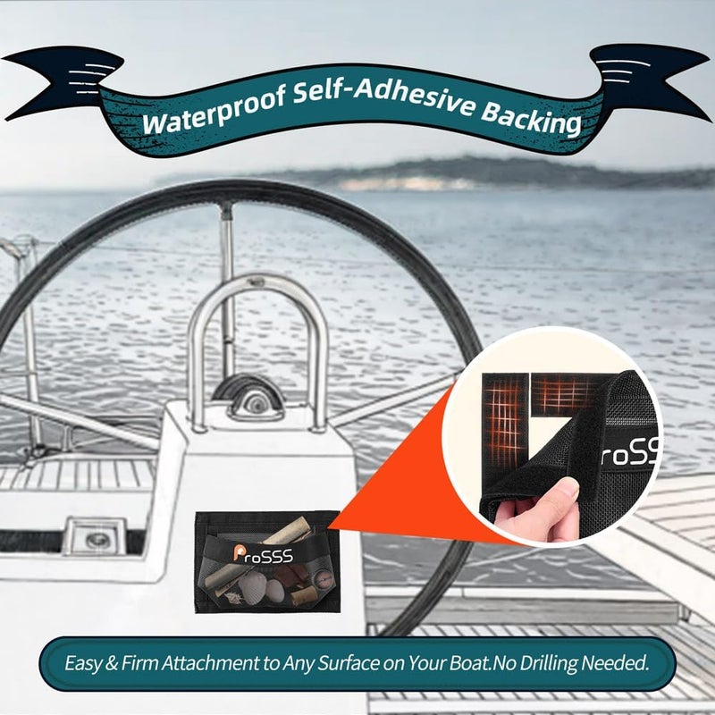 ProSSS 2PC Boat 10"*7" Self-Adhesive Storage Mesh Bag,Marine Organizer for Tools & Boat Accessories,Waterproof Strong Adhesive Backing, Easy to Install & Remove,Keep Your Boat Tidy and Items Secure - Image 4